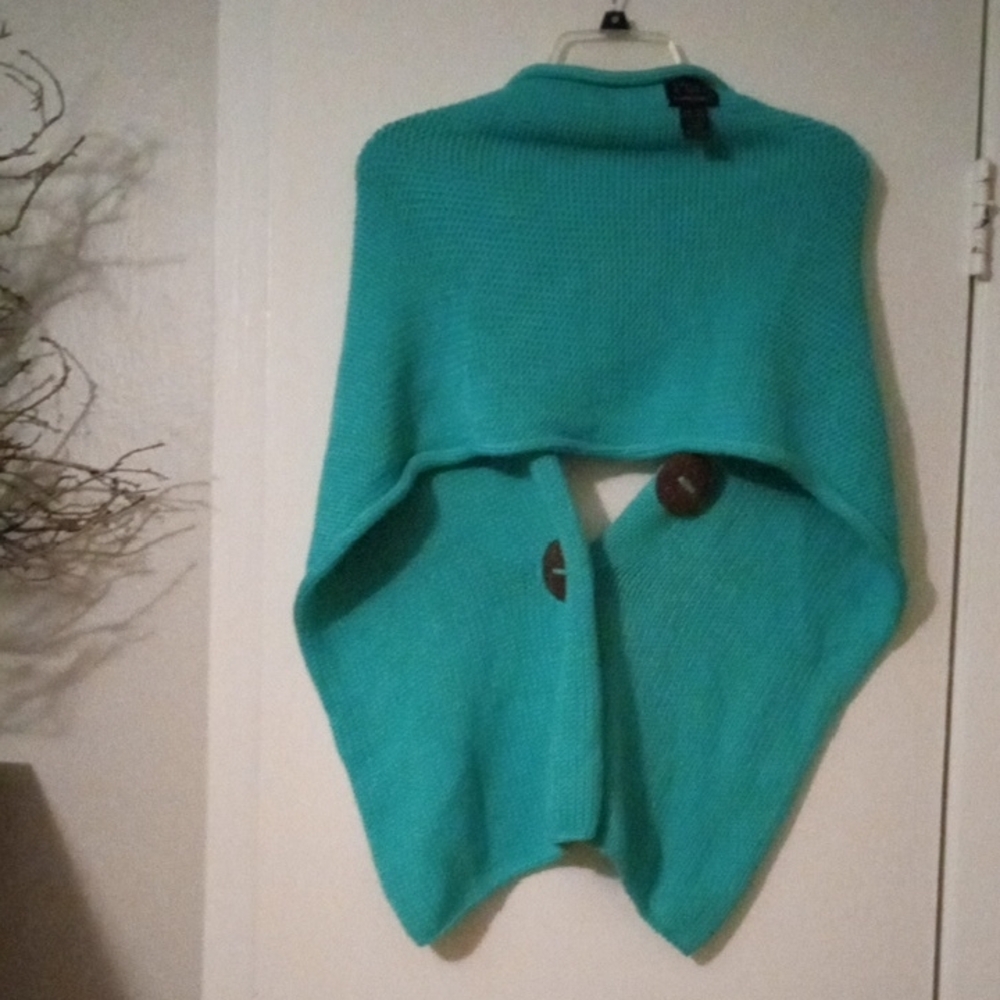 Pure Handknit Women's Elegant Teal Button-Up Shawl/Poncho One Size - Picture 4 of 5